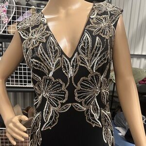 Adrianna Papell Black and Gold Floral Sequin Dress